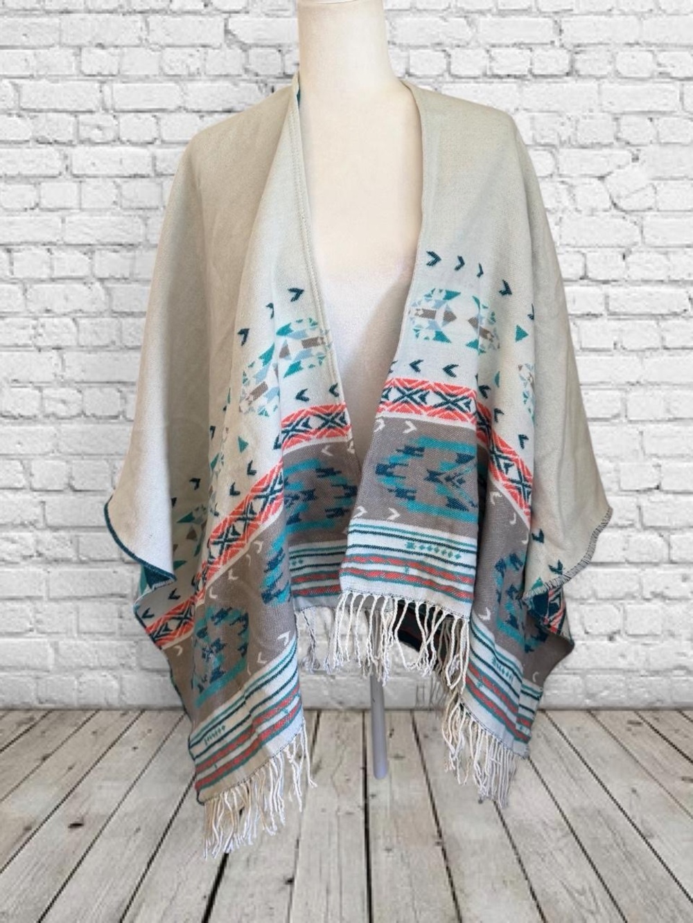 American Eagle Outfitters Poncho Wrap with Teal and Coral Tribal Accents